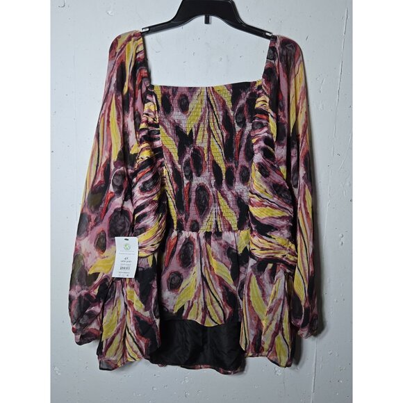 Terra & Sky Womens Long Sleeve Babydoll Top Plus Size 4X NWT Ruched Sheer Club - Picture 2 of 10